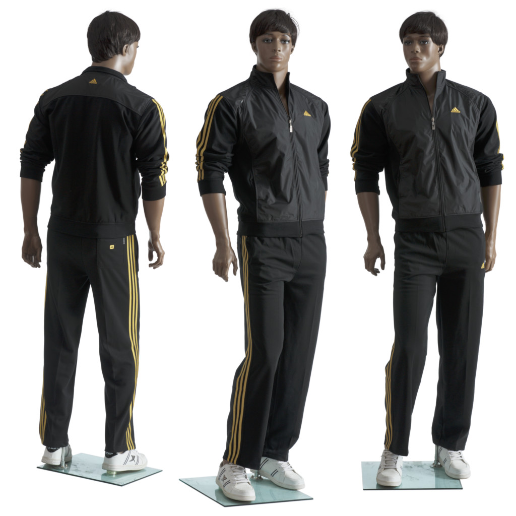 Standing Male Mannequin - Model Andy - shown in three (3) full length views dressed in warm-up suit
