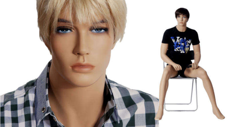 Sitting Male Mannequin - Model Grant show in two (2) views sitting with a blue t-shirt and shorts on a chair and a close-up of his head and face