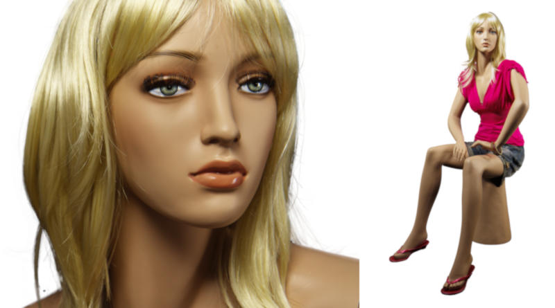 Sitting Female Mannequin - Model Joan show full length on pedestal and close-up of her head